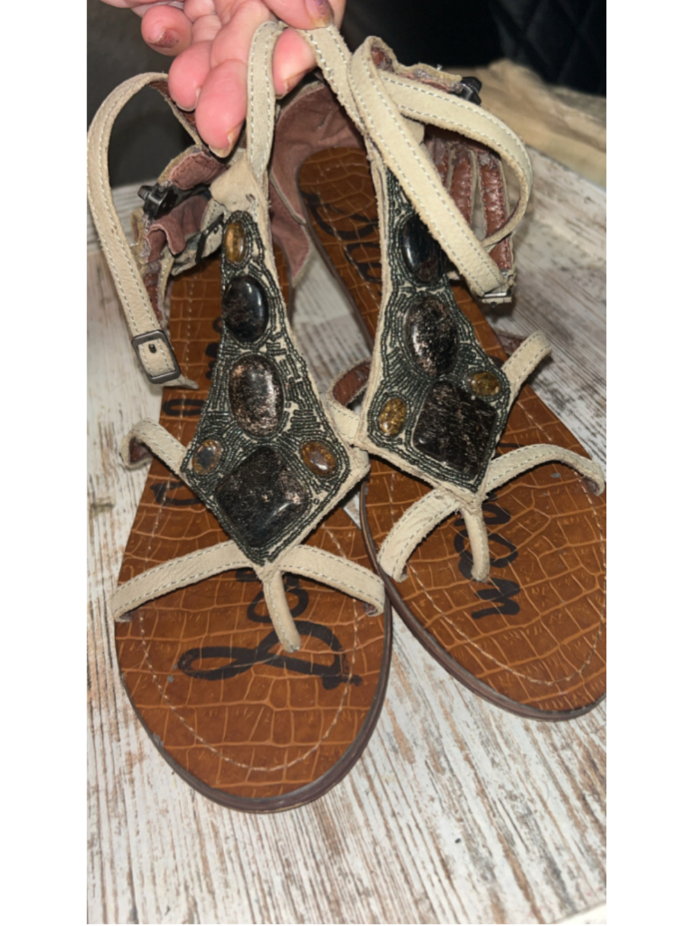 Women's Sam Edelman Sandals S 8 Beige Black Beaded Gladiator